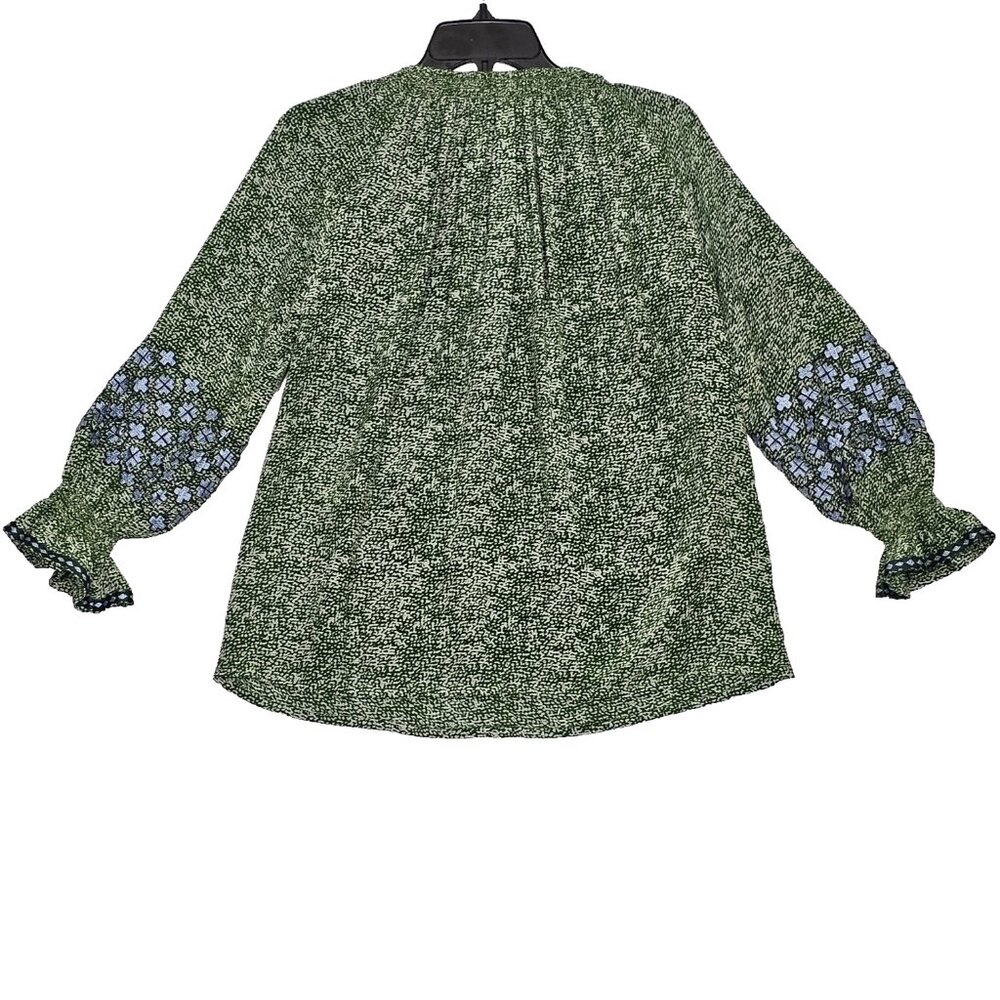 Rungolee Barcelona Embroidered Blouse Size XXS Silk Crepe V Neck Top Green Blue - Picture 5 of 6